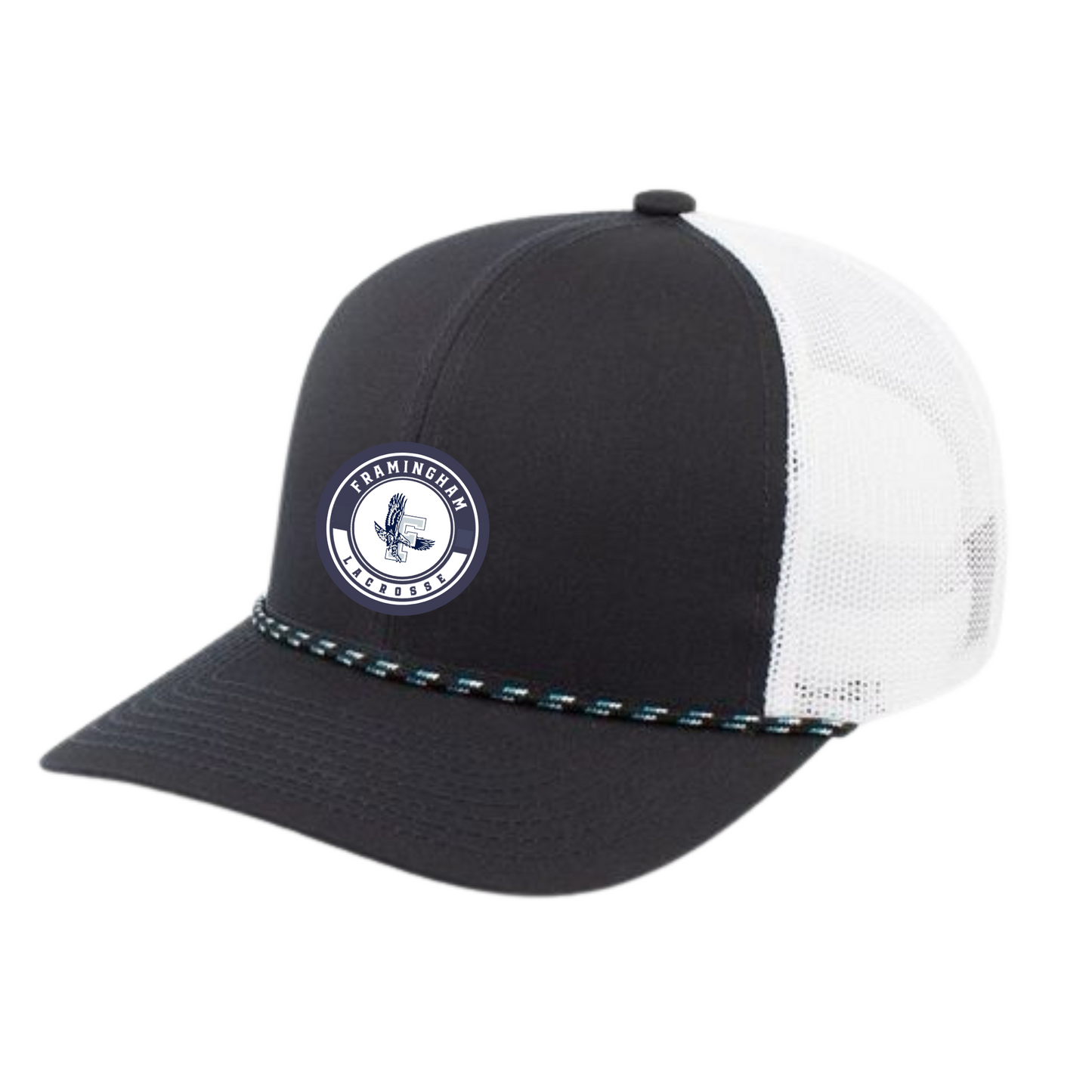 FRAMINGHAM HIGH LACROSSE TRUCKER SNAPBACK BRAID CAP - NAVY & WHITE